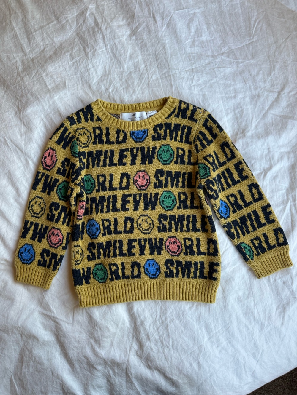 H&M Mustard Yellow Crewneck Sweater with Multicolor Smiley Motifs